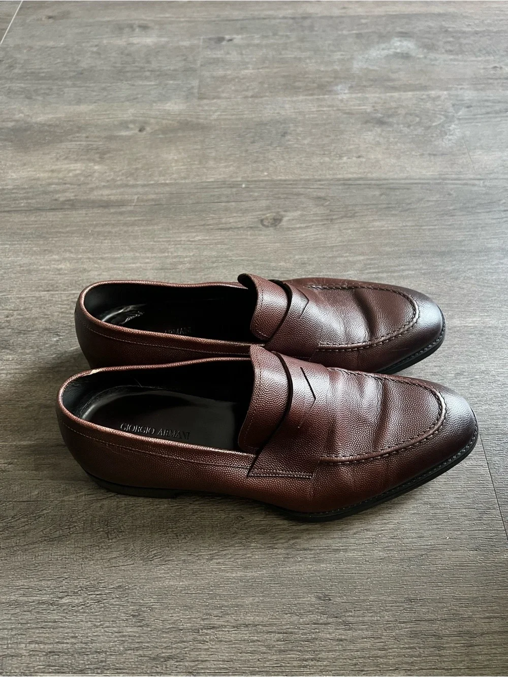 Giorgio Armani men’s penny loafers brown textured calf leather made in Italy